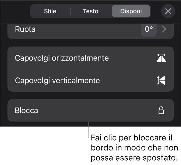 I controlli Disposizione nel menu Formato con il pulsante Blocca visibile.