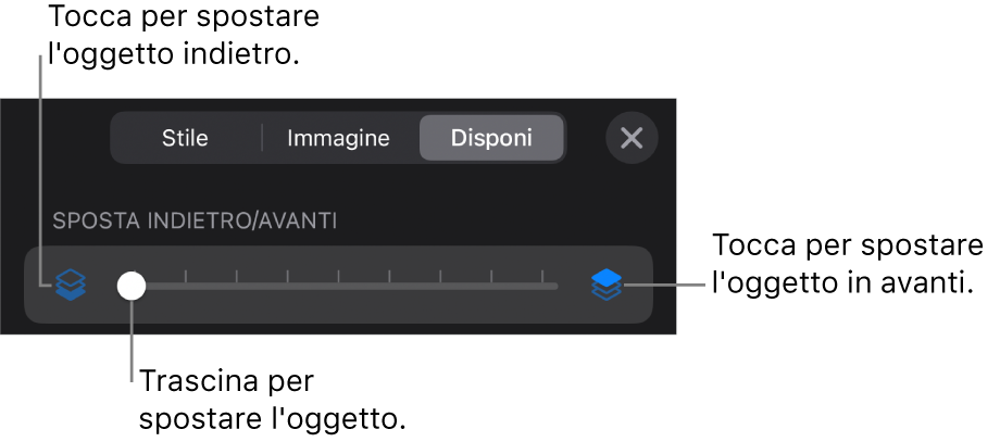 Pulsante sposta indietro, pulsante sposta avanti e cursore livelli.