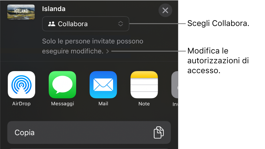 Il menu di condivisone con l'opzione Collabora selezionata in alto e le impostazioni di accesso e dei permessi sotto.