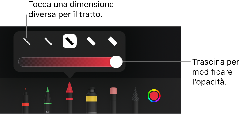 Controlli per scegliere una dimensione tratto e cursore per regolare l'opacità.