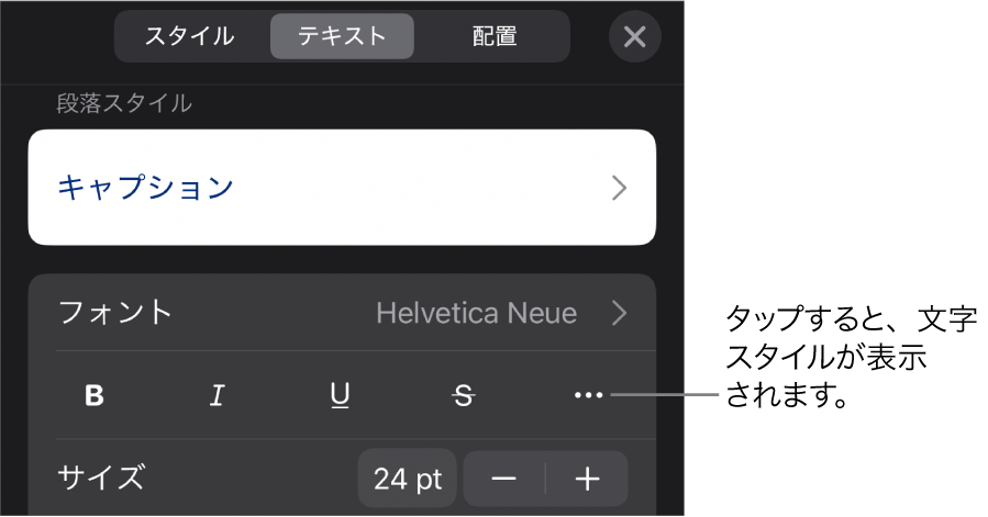 上部に段落スタイルがある「フォーマット」コントロールと、そのあとに「フォント」コントロール。「フォント」の下には、「ボールド」、「イタリック」、「アンダーライン」、「取り消し線」、および「その他のテキストオプション」のボタンがあります。