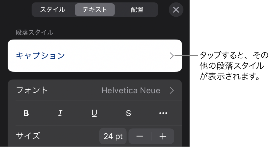 「フォーマット」メニュー。段落と文字のスタイル、フォント、サイズ、色を設定するためのテキストコントロールが表示されています。