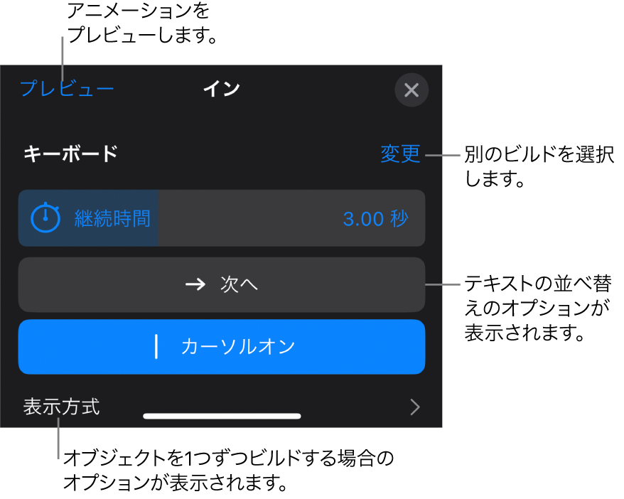 ビルドのオプションには、「継続時間」、「テキストアニメーション」、および「表示方式」があります。別のビルドを選択するには「変更」をタップし、ビルドをプレビューするには「プレビュー」をタップします。