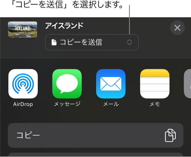 「共有」メニュー。上部で「コピーを送信」が選択されています。
