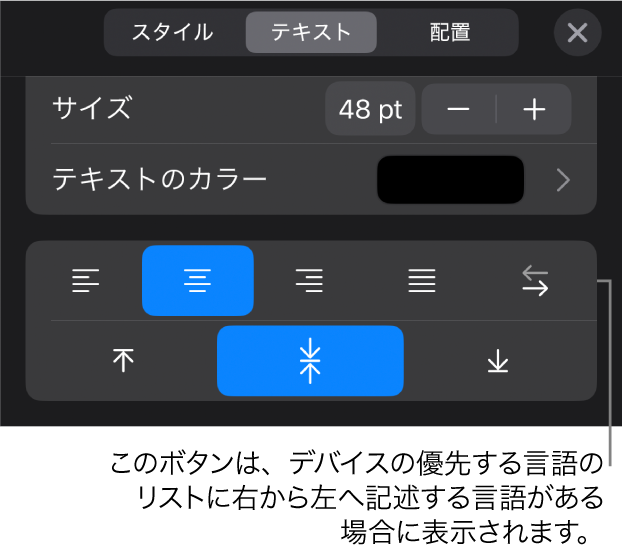 「フォーマット」メニューのテキストコントロール。「右から左」ボタンへのコールアウトが表示された状態。