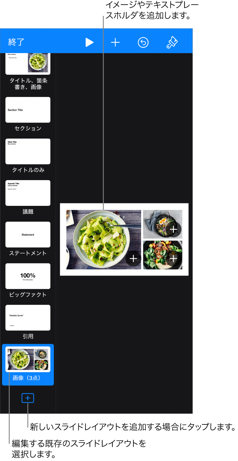 スライドキャンバスに表示されているスライドレイアウト。スライドナビゲータの下部には「スライドレイアウトを追加」ボタンが表示されています。