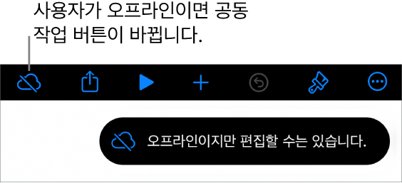화면 상단의 버튼 중, 공동 작업 버튼이 대각선이 있는 구름으로 바뀜. ‘오프라인이지만 편집할 수는 있습니다.’라는 경고가 화면에 있음.
