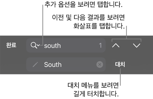 검색 옵션, 대치, 위로 이동 및 아래로 이동 버튼의 설명이 있는 키보드 상단의 찾기 및 대치 제어기.