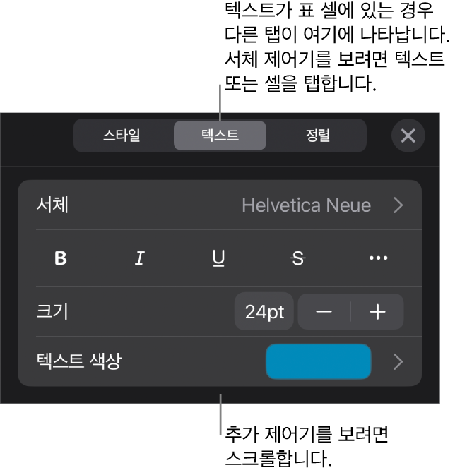 포맷 메뉴에 있는 단락, 문자 스타일, 서체, 크기 및 색상을 설정할 수 있는 텍스트 제어기.