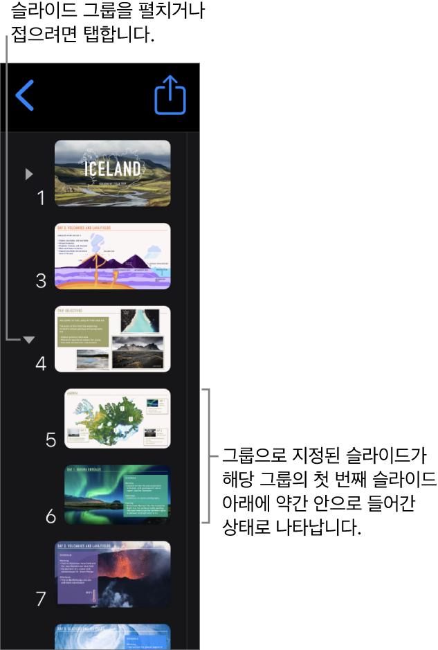 들여 쓴 슬라이드를 표시하는 슬라이드 내비게이터.