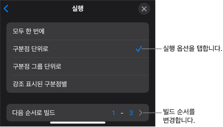 빌드인 패널에 실행 옵션.