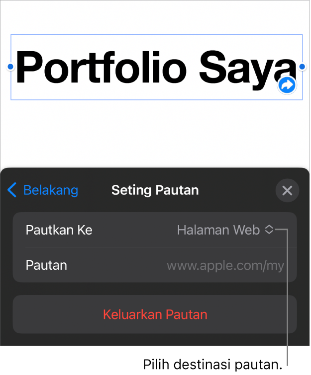 Kawalan Seting Pautan dengan Halaman Web dipilih dan butang Keluarkan Pautan di bahagian bawah.