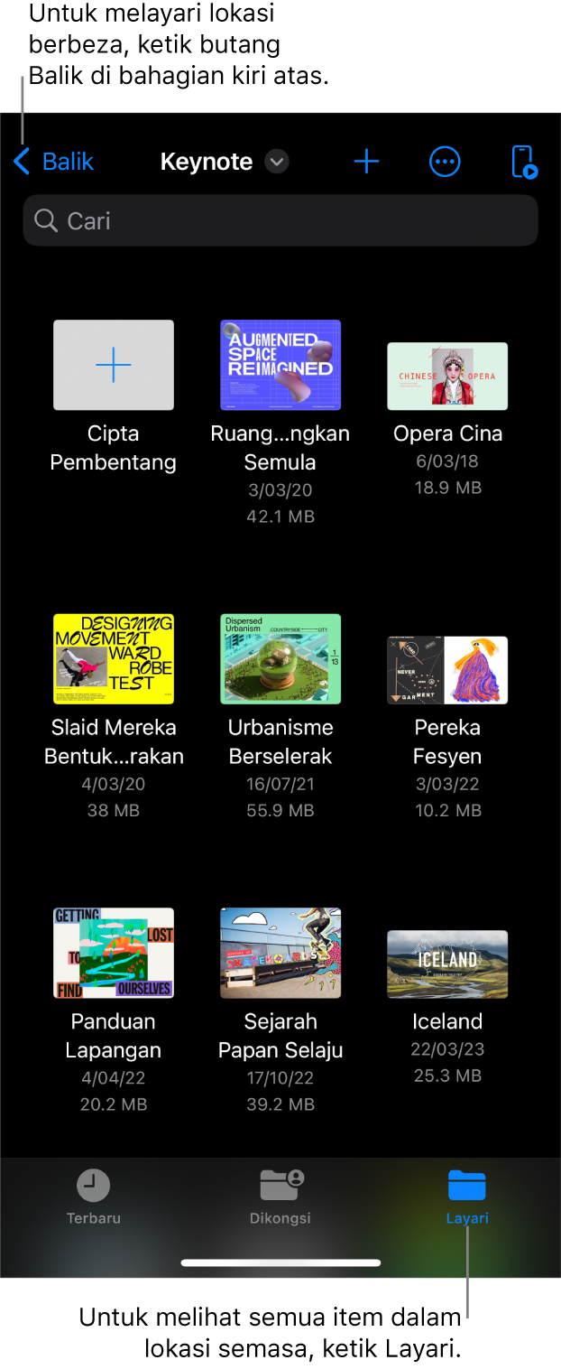 Paparan pelayar pengurus pembentangan dengan butang Balik di penjuru kiri atas dan di bawahnya ialah medan Carian. Di penjuru kanan atas ialah butang Tambah, Lagi dan Kawalan Jauh. Di bahagian bawah skrin ialah butang Terbaru, Dikongsi dan Layari.