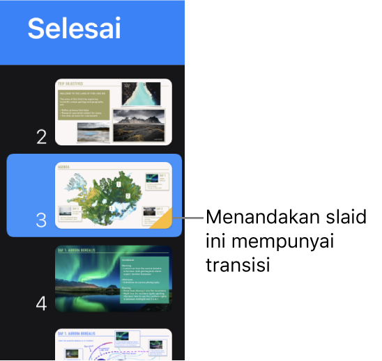 Segi tiga kuning pada slaid menunjukkan bahawa slaid mempunyai transisi.