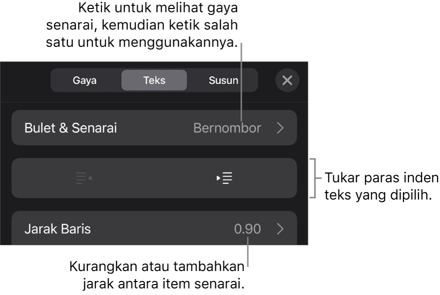 Bahagian Bulet & Senarai daripada kawalan Format dengan petak bual ke Bulet & Senarai, butang outden dan inden serta kawalan jarak baris.