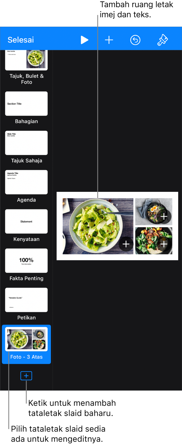 Tataletak slaid ditunjukkan pada kanvas slaid, dengan butang Tambah Tataletak Slaid di bahagian bawah penavigasi slaid.
