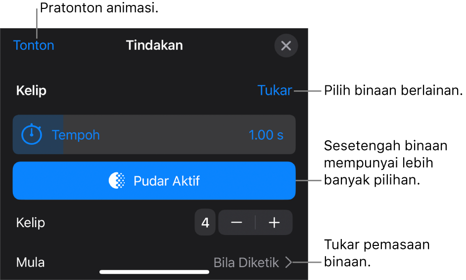 Pilihan binaan menyertakan Tempoh dan Masa mula. Ketik Tukar untuk memilih binaan yang berbeza, atau ketik Pratonton untuk pratonton binaan.
