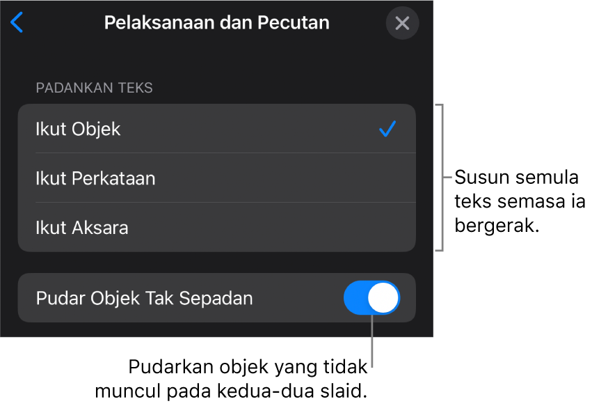 Pilihan penghantaran dan pemecutan Magic Move dalam anak tetingkap Pemecutan.