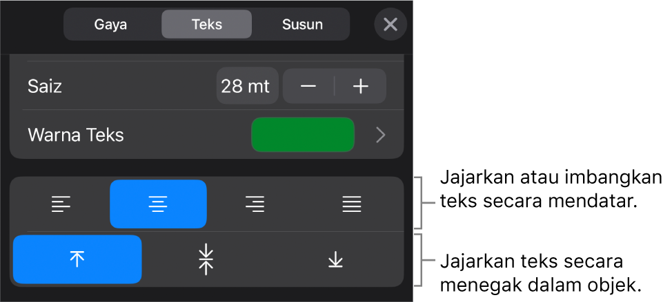 Bahagian Penjajaran pada butang Format dengan petak bual ke butang penjajaran teks.