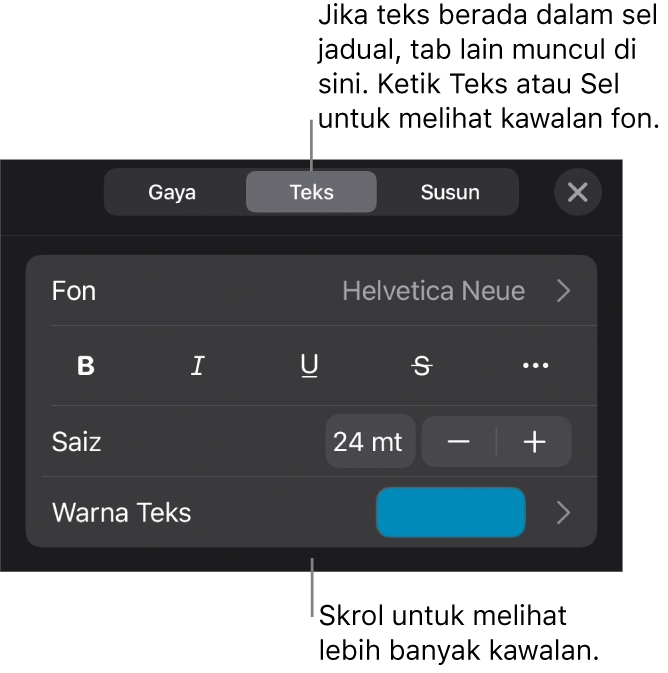Kawalan teks dalam menu Format untuk mengesetkan perenggan dan gaya, fon, saiz dan warna aksara.