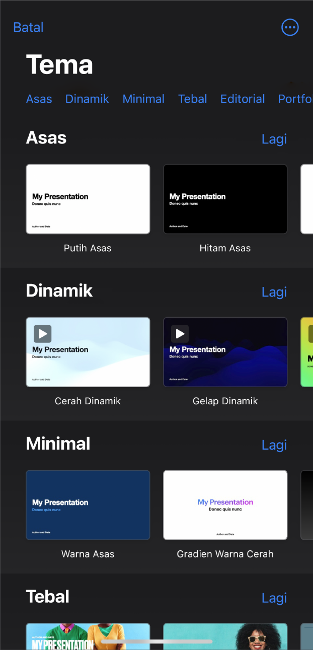 Pemilih tema, menunjukkan baris kategori merentas bahagian atas yang anda boleh ketik untuk menapis pilihan. Di bawah ialah imej kecil tema yang diprareka bentuk disusun dalam baris mengikut kategori.