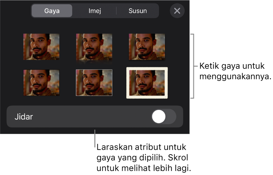 Anak tetingkap Gaya pada butang Format dengan gaya objek di bahagian atas dan kawalan di bawahnya untuk menukar jidar.