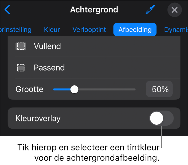 De achtergrondregelaars; als dia-achtergrond is een afbeelding ingesteld en onderaan staat de regelaar 'Kleuroverlay'.