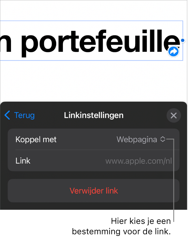 De regelaars voor linkinstellingen. 'Webpagina' is geselecteerd en onderaan staat de knop 'Verwijder link'.