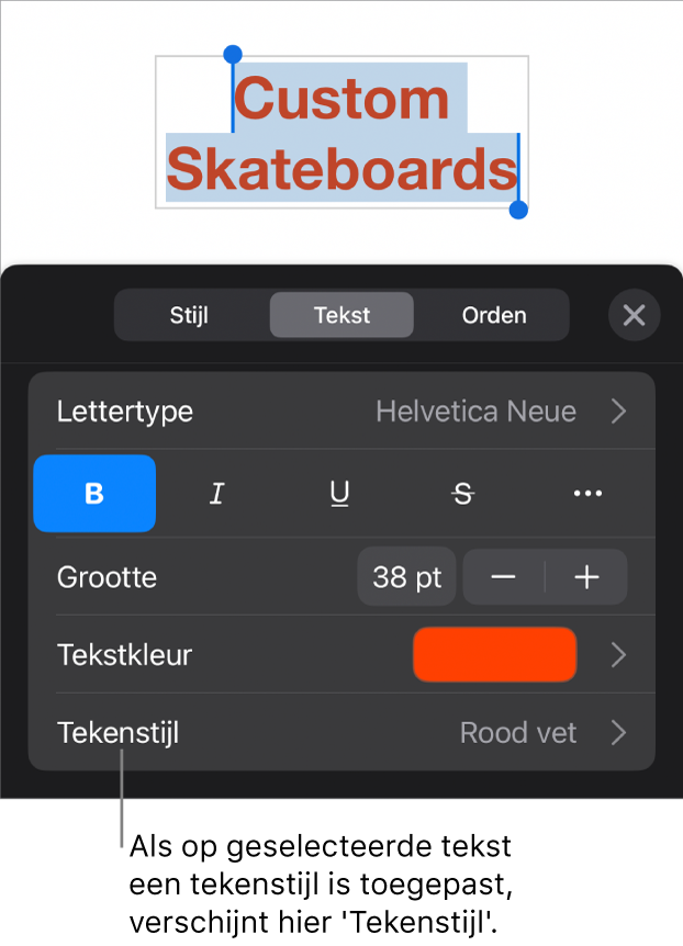De opmaakregelaars voor tekst met 'Tekenstijl' onder de kleurregelaars. Naast de tekenstijl 'Geen' staat een sterretje.