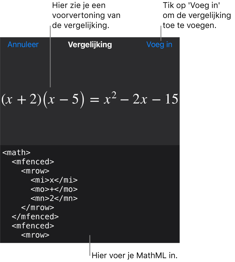 Het venster 'Vergelijking' met daarin een vergelijking die geschreven is met MathML-commando's en erboven een voorvertoning van de formule.