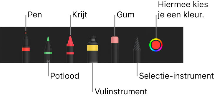 De knoppenbalk voor tekenen met een pen, potlood, krijt, vulinstrument, gum en selectie-instrument en een kleurenvak met de huidige kleur.