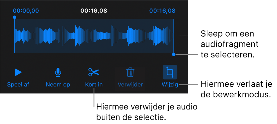Regelaars voor het bewerken van audio-opnamen. Selectiegrepen geven aan welk gedeelte van de opname geselecteerd is. Eronder staan knoppen voor beluisteren, opnemen, inkorten, verwijderen en bewerken.
