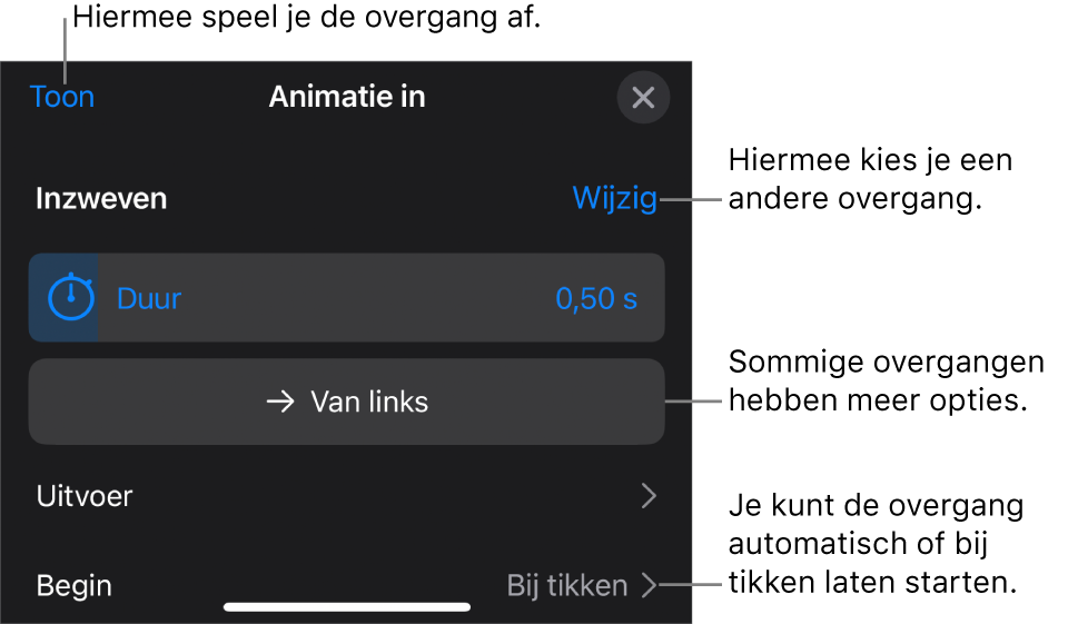 Regelaars in het paneel 'Opties' voor het aanpassen van een overgang.