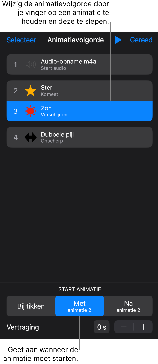 De lijst 'Animatievolgorde' met begineffecten met gele symbolen en eindeffecten met grijze symbolen.