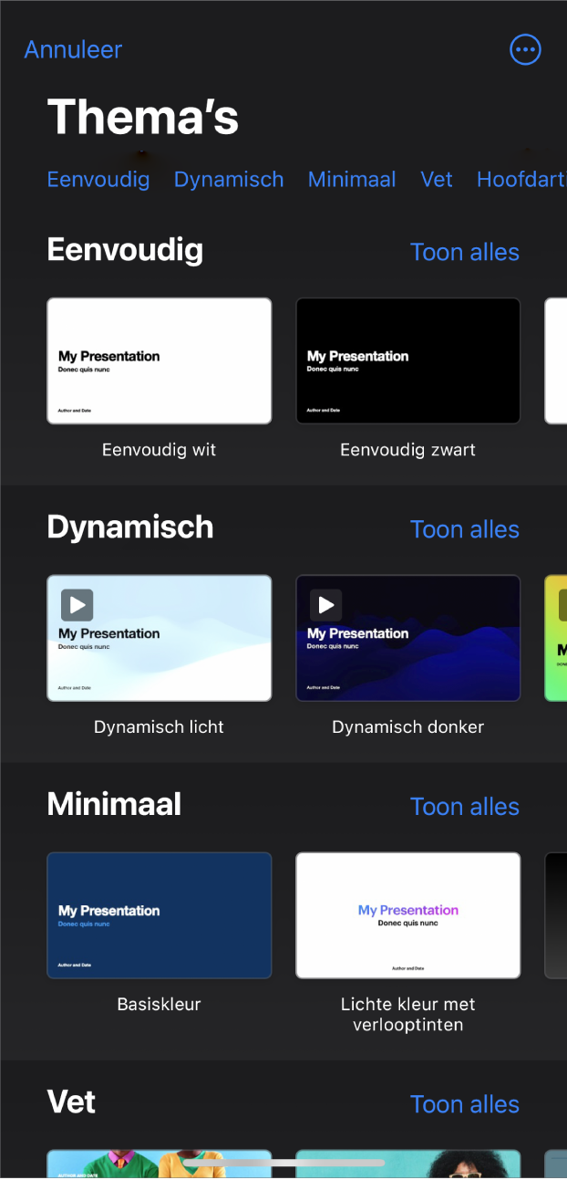 De themakiezer met bovenin een rij met categorieën waarmee je de beschikbare thema's kunt filteren. Daaronder staan miniaturen van vooraf gedefinieerde thema's die per categorie zijn gerangschikt.