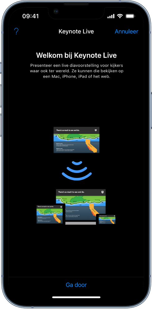 Een venster met een introductie van Keynote Live en onderin de knop 'Ga door'.