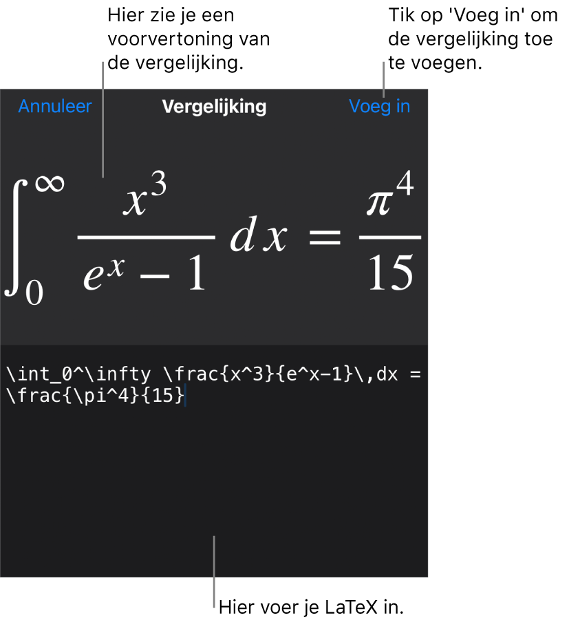 Het venster 'Vergelijking' met daarin een vergelijking die geschreven is met LaTeX-commando's en erboven een voorvertoning van de formule.