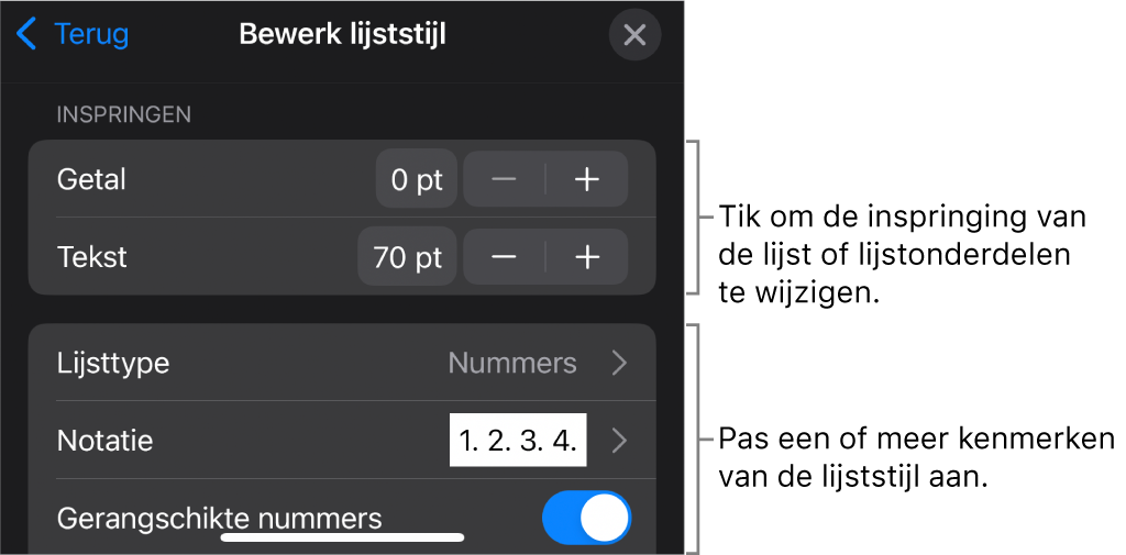 Het menu 'Bewerk lijststijl' met regelaars voor het wijzigen van het lijsttype en de vormgeving van de lijst.