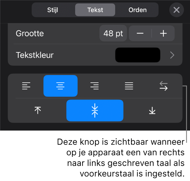 Tekstregelaars in het opmaakmenu met uitleg bij de knop voor rechts naar links.