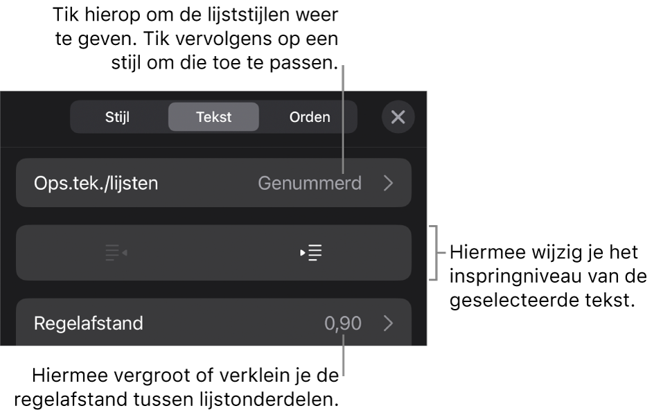 Het gedeelte 'Ops.tek./lijsten' van de opmaakregelaars met uitleg bij 'Ops.tek./lijsten', de inspringknoppen en de regelaars voor de regelafstand.