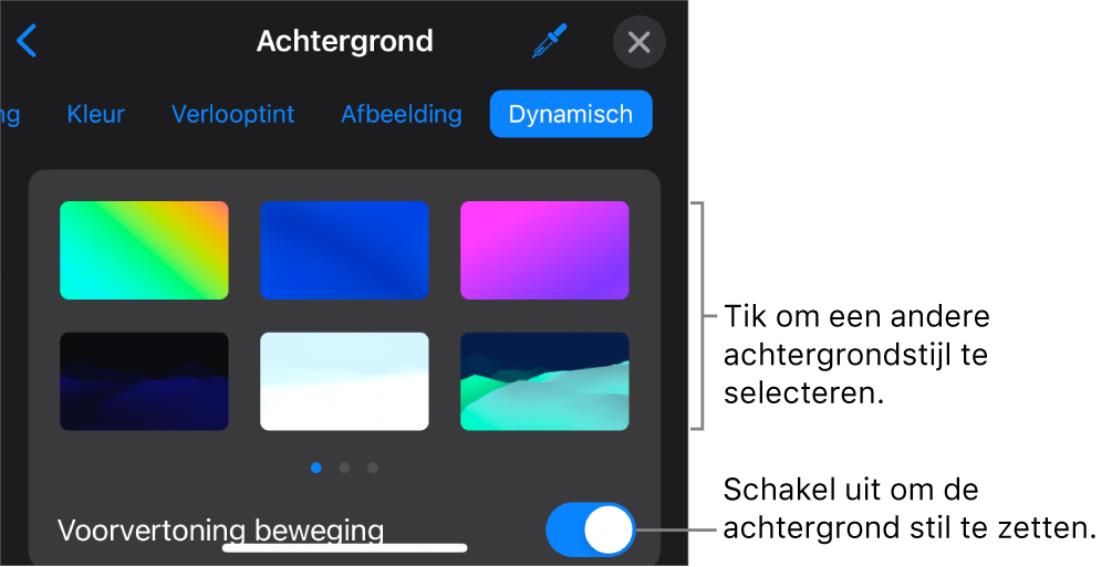 De regelaars voor een dynamische achtergrond met miniaturen voor achtergrondstijlen en de knop 'Voorvertoning beweging'.