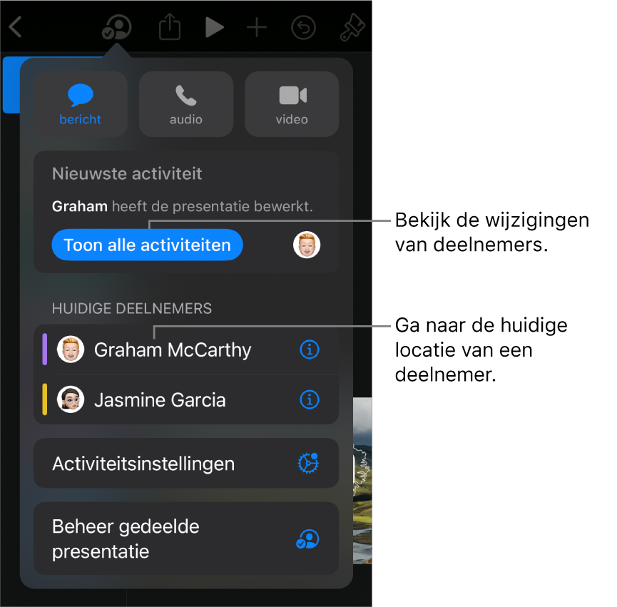Het samenwerkingsmenu met daarin de namen van huidige deelnemers.