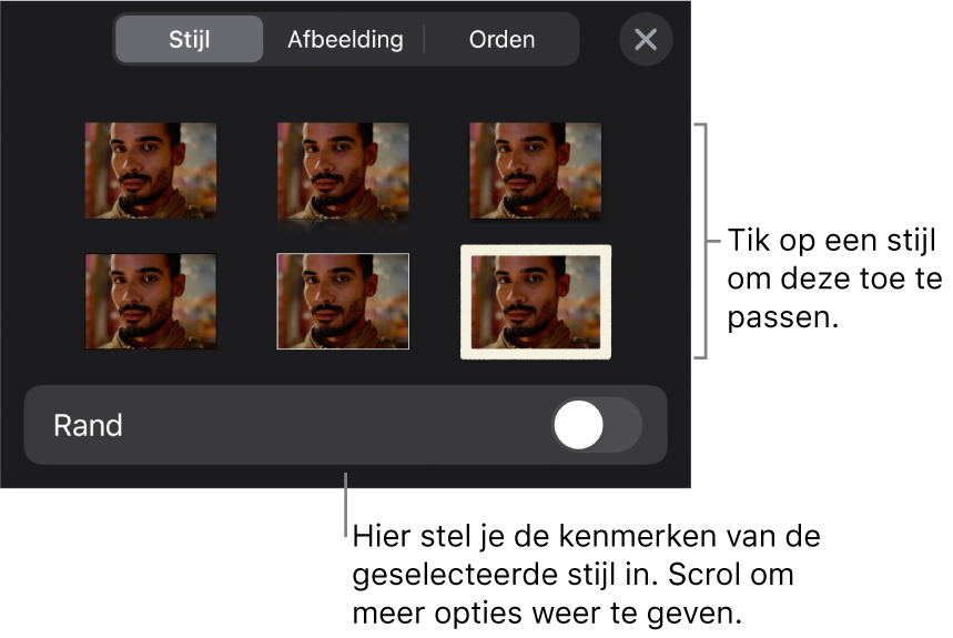 Het tabblad 'Stijl' in het opmaakmenu met bovenaan objectstijlen en eronder een regelaar voor het wijzigen van de rand.