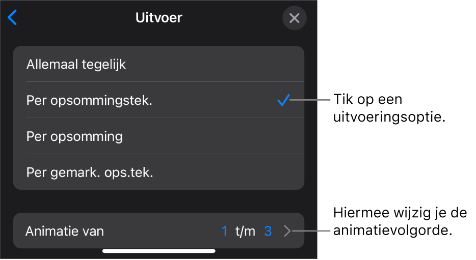 Uitvoeringsopties in het paneel 'Animatie in'.