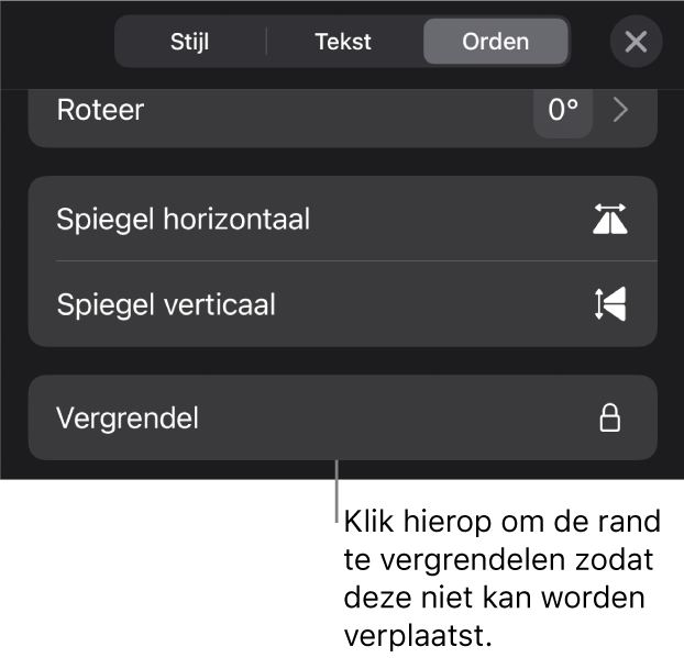 De ordenfuncties in het opmaakmenu met uitleg bij de knop 'Vergrendel'.
