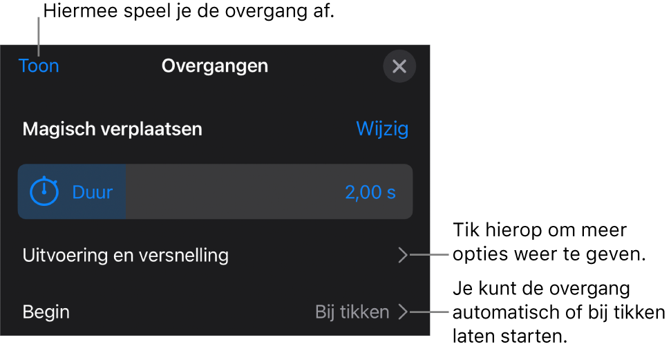 Regelaars voor 'Magisch verplaatsen' in het paneel 'Overgangen'.