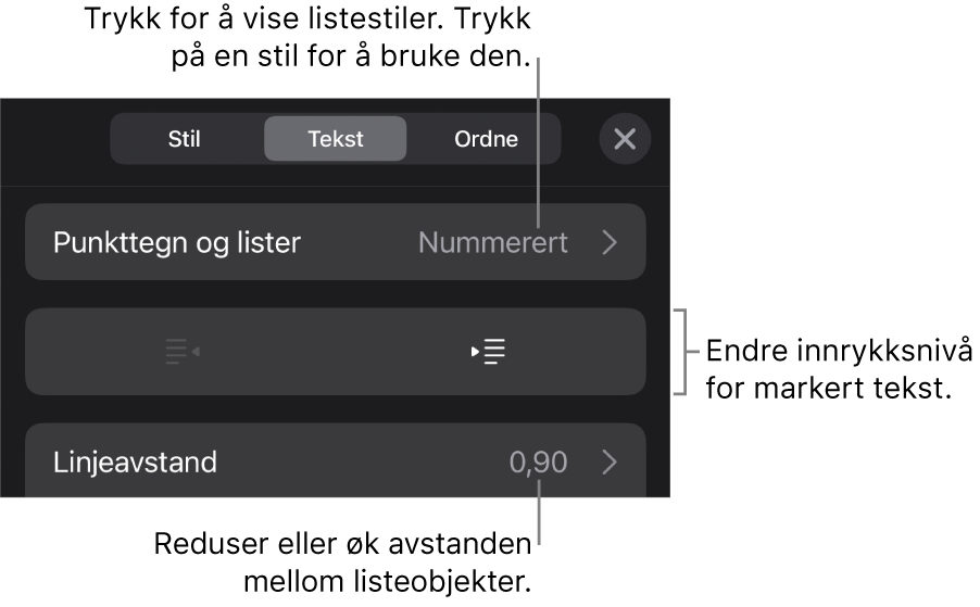 Punkttegn og lister-delen i Format-kontroller med bildeforklaringer for Punkttegn og lister, utrykk- og innrykk-knapper og linjeavstandskontroller.