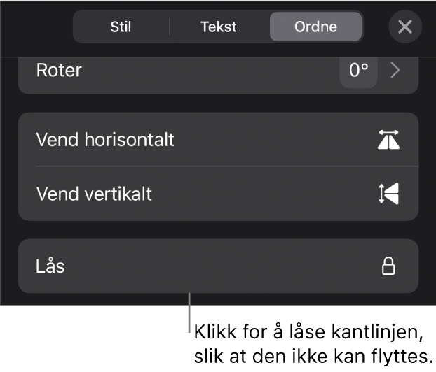 Ordne-kontrollene i Format-menyen med Lås-knappen framhevet.