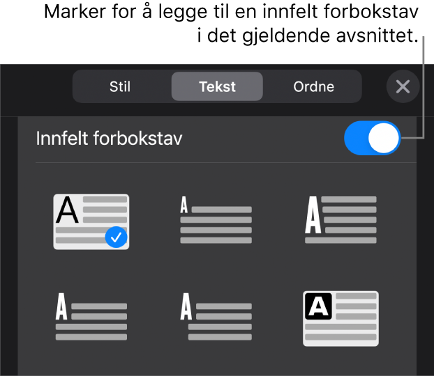 Innfelt forbokstav-kontrollene nederst i Tekst-menyen.