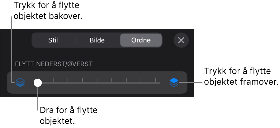 Flytt bakover-knappen, Flytt framover-knappen og skyveknappen for lagdeling.